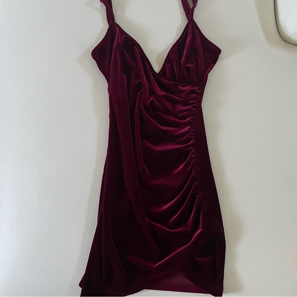 Olivaceous boutique burgundy satin mini dress